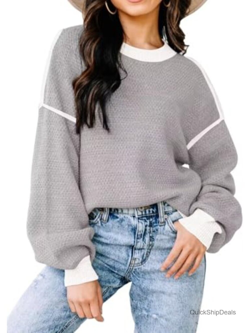 Womens Oversized Color Block Tunic Sweater Batwing Sleeve Knit Pullover